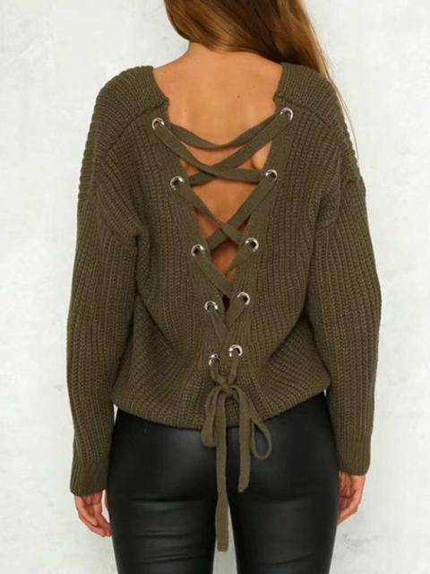 Lace-up Hollow V Neck Sweater