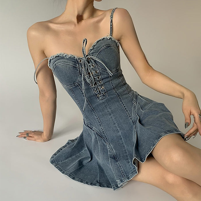 Sweetheart Neck Lace-Up Front Denim Corset Skater Mini Dress 3