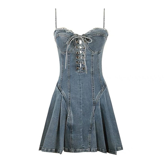 Sweetheart Neck Lace-Up Front Denim Corset Skater Mini Dress 5