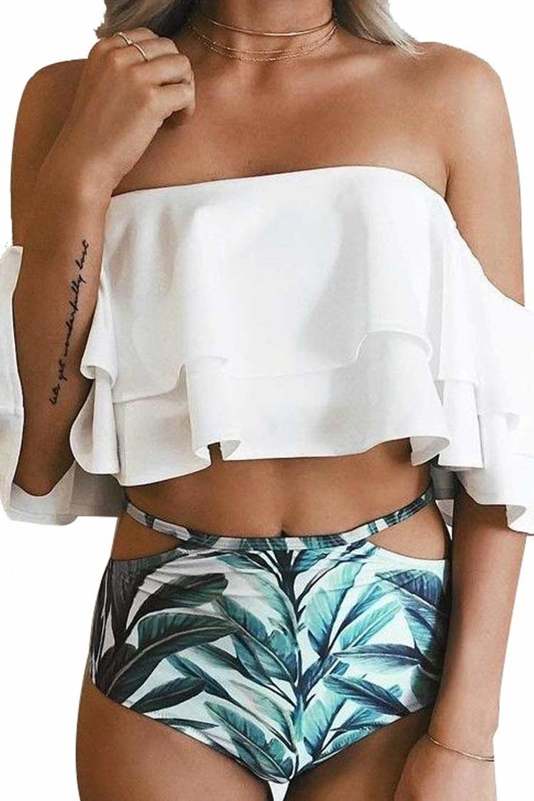 Layered Ruffle Off Shoulder High Waist Bikini Swimsuit - Two Piece Set