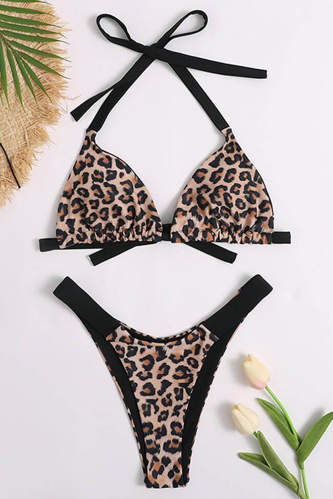 Leopard High Leg Halter Sliding Triangle Bikini Swimsuit - Two Piece Set