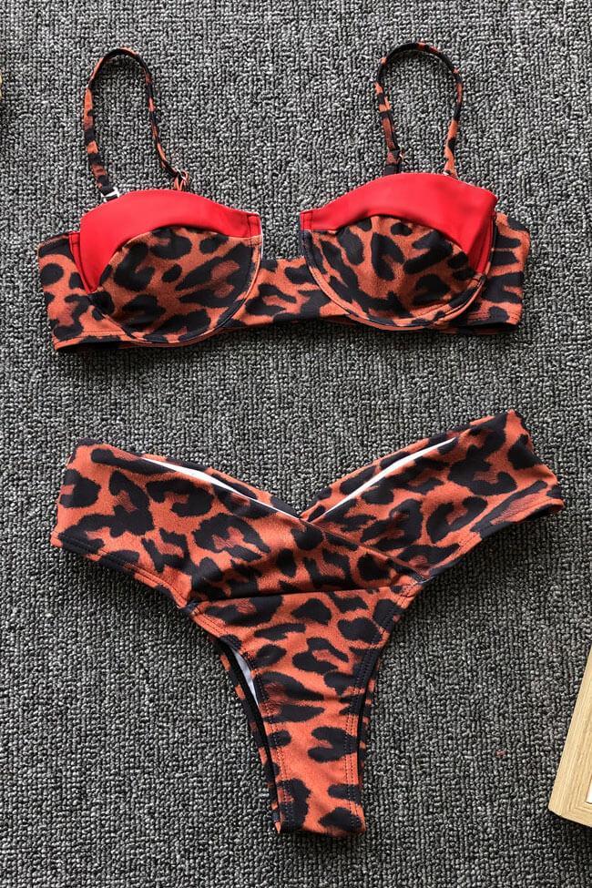 Leopard Notch Front Bandeau Bikini Swimsuit - Two Piece Set