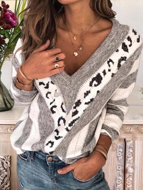 Leopard Patchwork V-neck Knitted Sweater