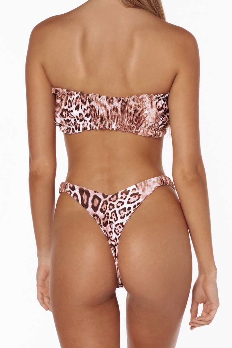 Leopard Ruched High Leg Bandeau Bikini Swimsuit - Two Piece Set