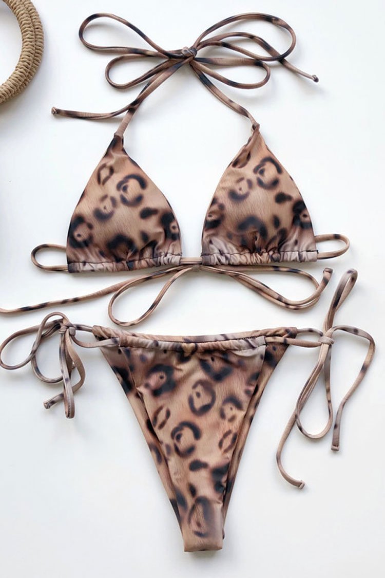 Leopard Self Tie Sliding Triangle Bikini Swimsuit - Two Piece Set