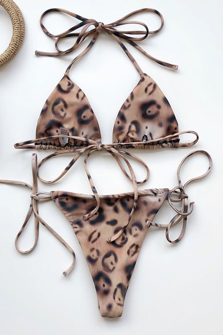 Leopard Self Tie Sliding Triangle Bikini Swimsuit - Two Piece Set