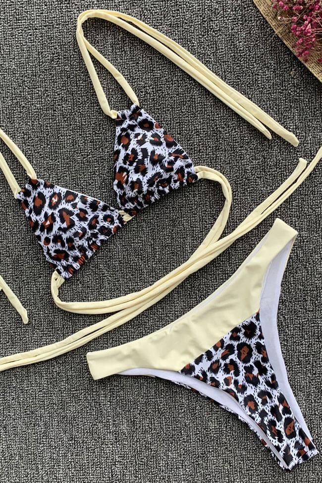 Leopard Strappy Slide Triangle Bikini Swimsuit - Two Piece Set