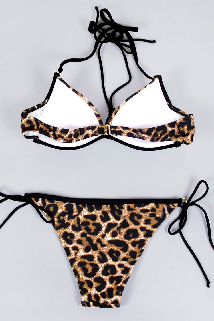 Leopard Tie String Halter Triangle Bikini Swimsuit - Two Piece Set