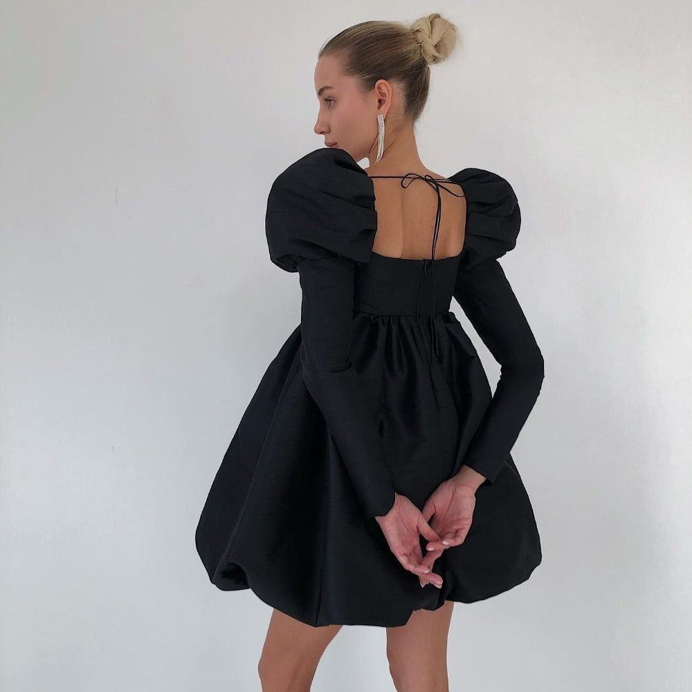 Square Neck Puff Sleeve Babydoll Bubble Hem Mini Dress 2