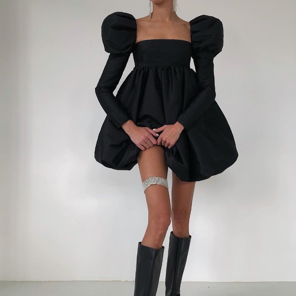 Square Neck Puff Sleeve Empire Waist Balloon Hem Mini Dress