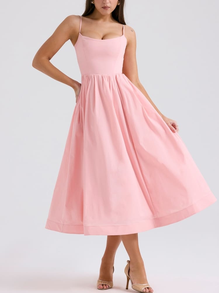 Spaghetti Strap Scoop Neck Gathered Flared Midi Dress 4