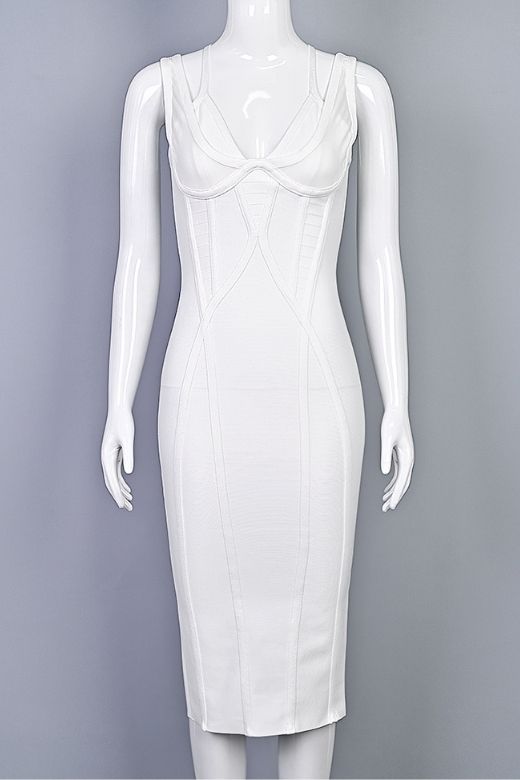 Pearl White Asymmetrical Strap V-Neck Bustier Bandage Midi Dress 6
