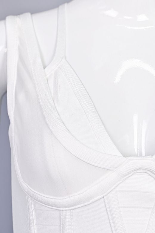 Pearl White Asymmetrical Strap V-Neck Bustier Bandage Midi Dress 9