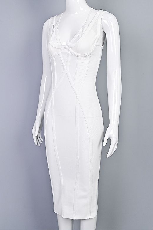 Pearl White Asymmetrical Strap V-Neck Bustier Bandage Midi Dress 7