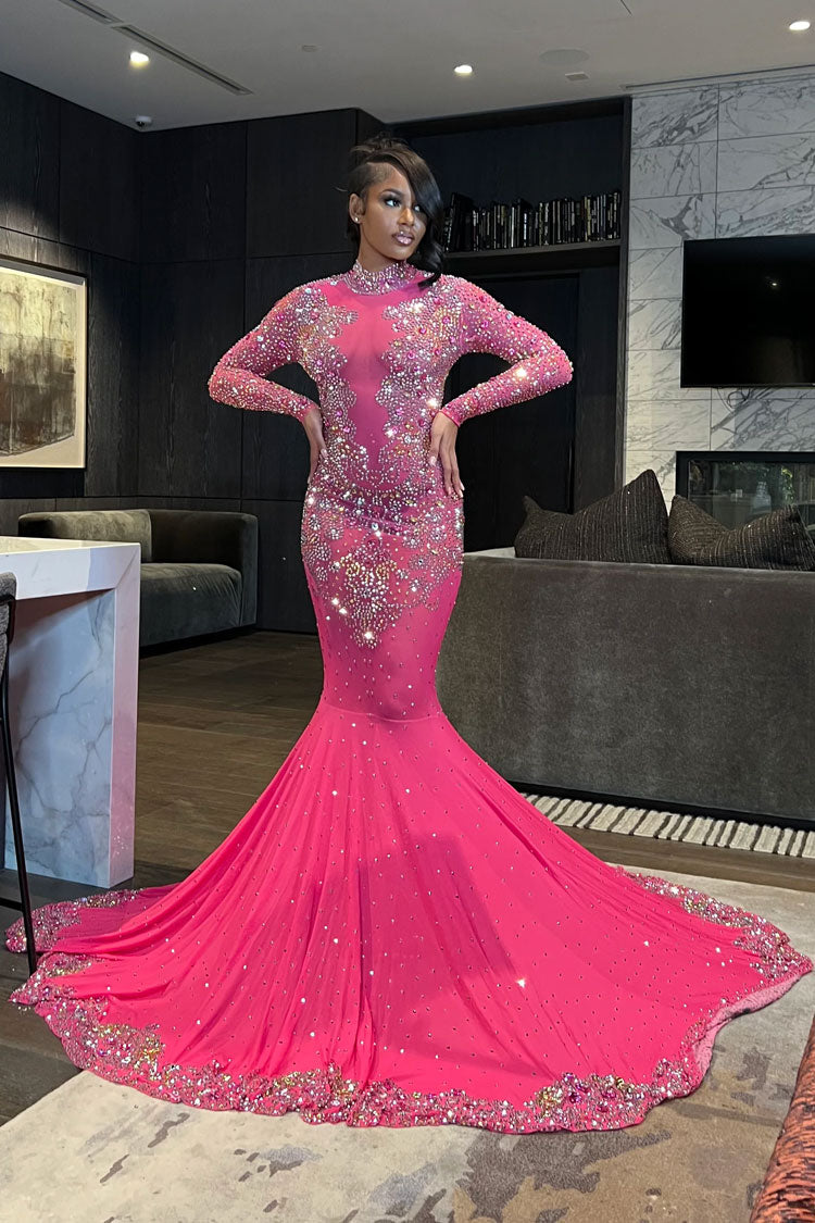 High Neck Long Sleeve Sheer Mesh Rhinestone Mermaid Train Maxi Gown