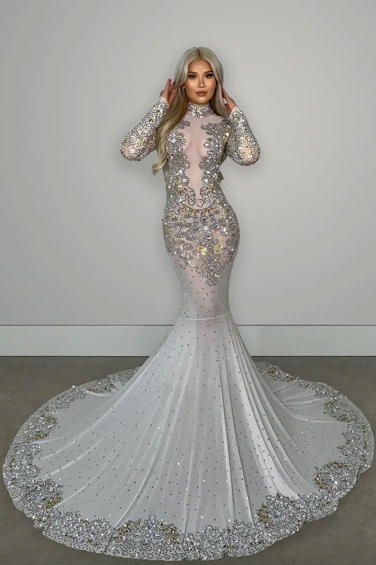 Mock Neck Long Sleeve Rhinestone Mesh Mermaid Train Maxi Gown