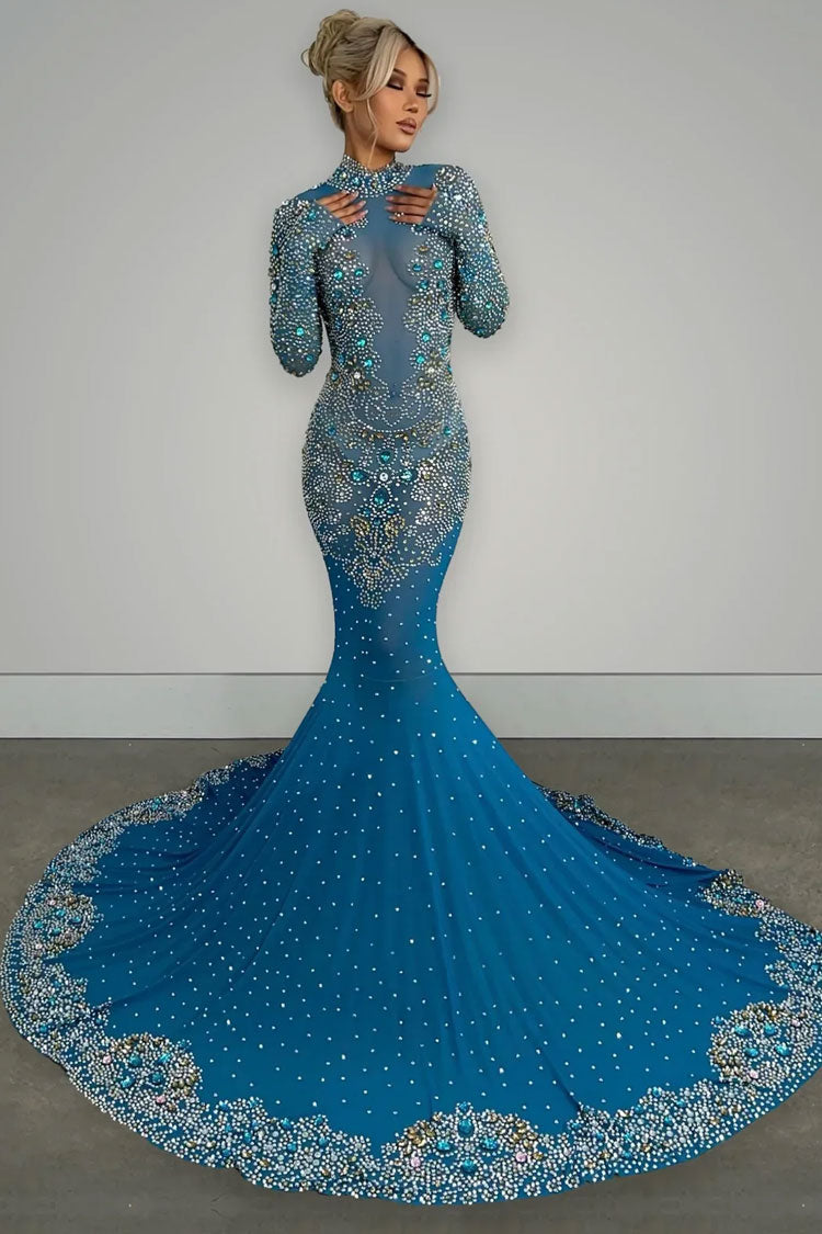 Mock Neck Long Sleeve Rhinestone Embellished Mermaid Train Maxi Gown