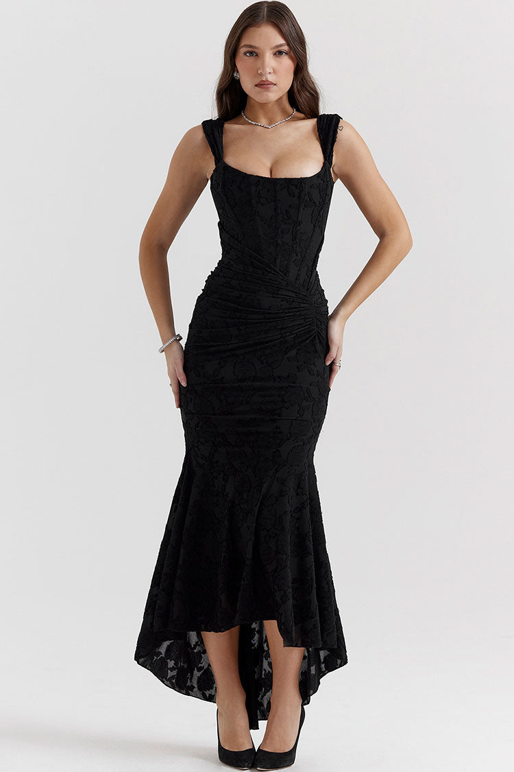 Floral Textured Corset Square Neck Ruched Mermaid High Low Maxi Dress