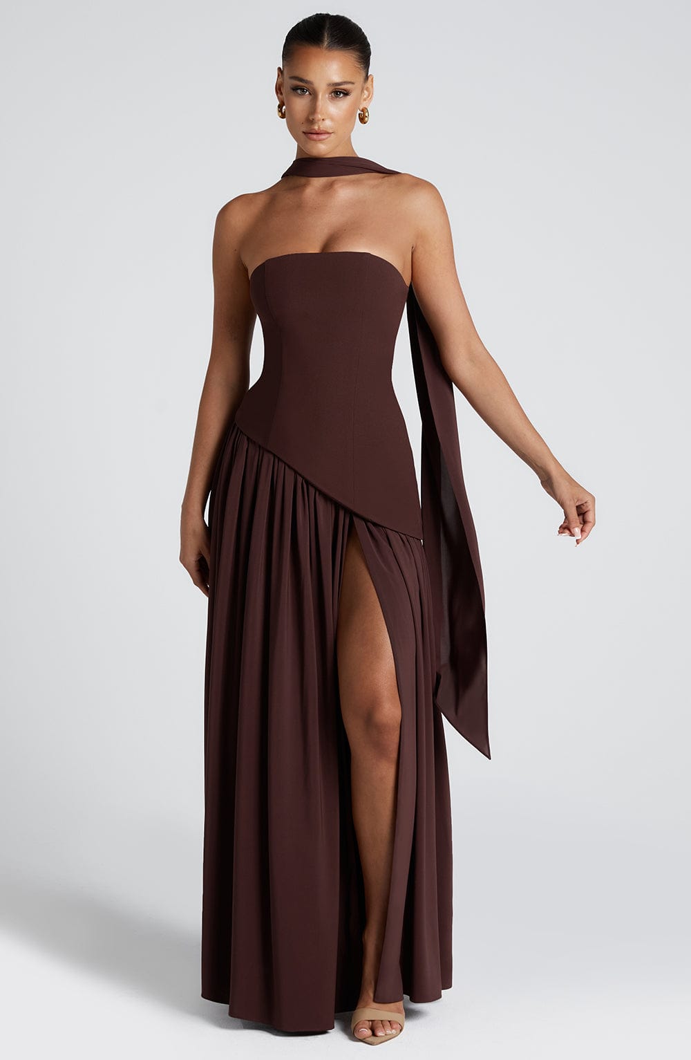 Strapless Asymmetric Bodice Pleated Neck Scarf High Slit Maxi Gown