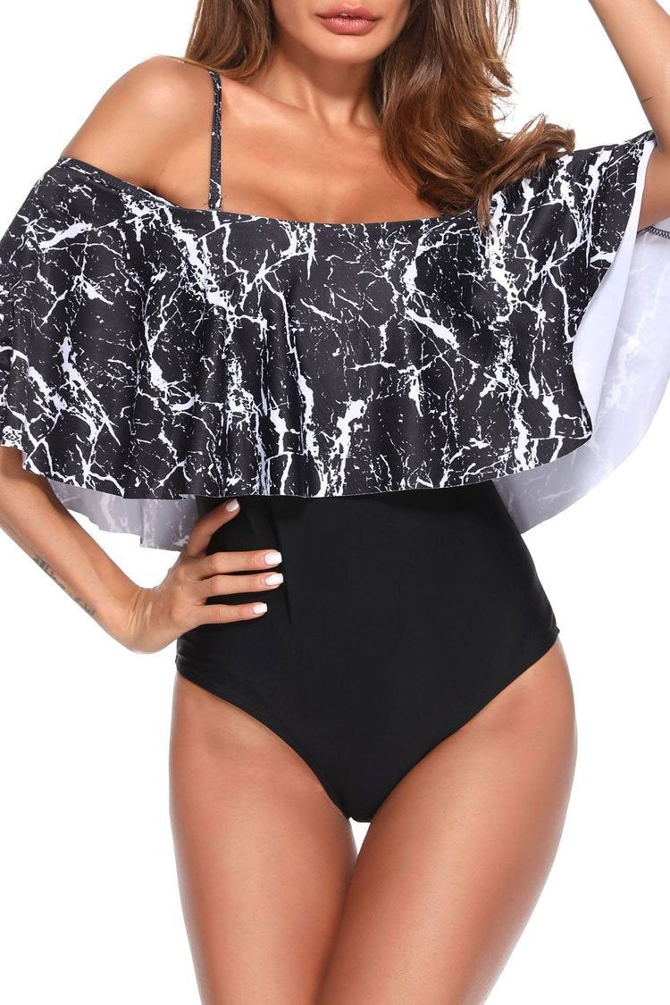 Black Marble Printed Ruffle Overlay Off Shoulder One Piece Swimsuit