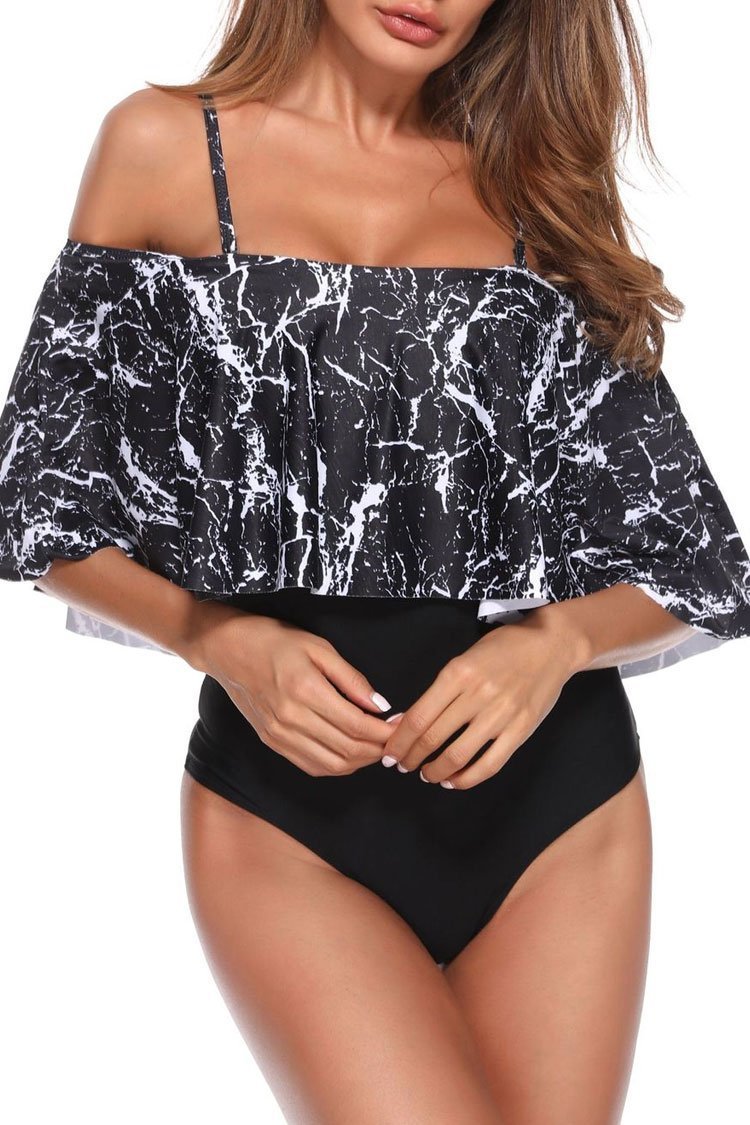 Black Marble Printed Ruffle Overlay Off Shoulder One Piece Swimsuit