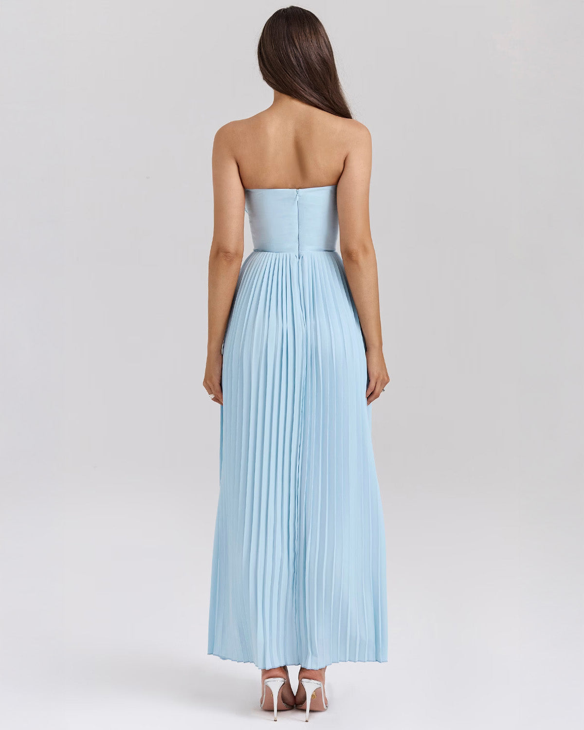Strapless Sweetheart Accordion Pleat Corset Waist Maxi Dress 4