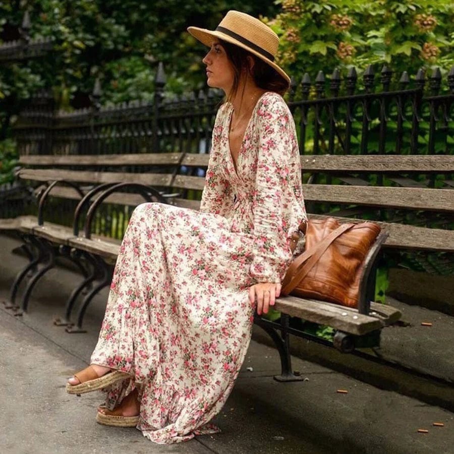Deep V Neck Bishop Sleeve Smocked Waist Floral Ruffle Hem Maxi Dress 2