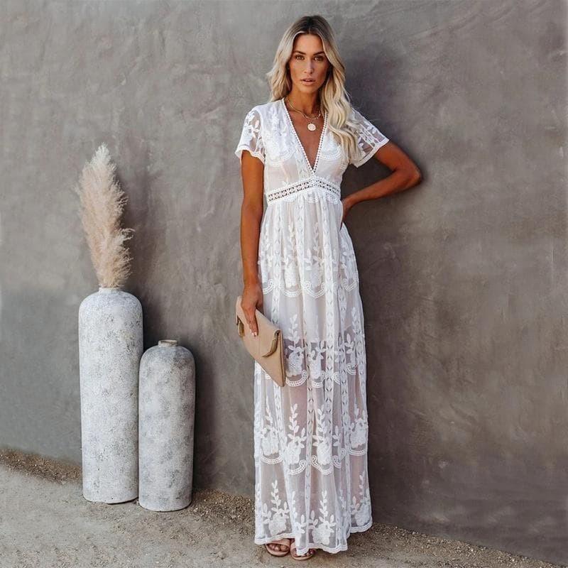 Deep V Neck Flutter Sleeve Crochet Lace Embroidered Tulle Boho Maxi Dress