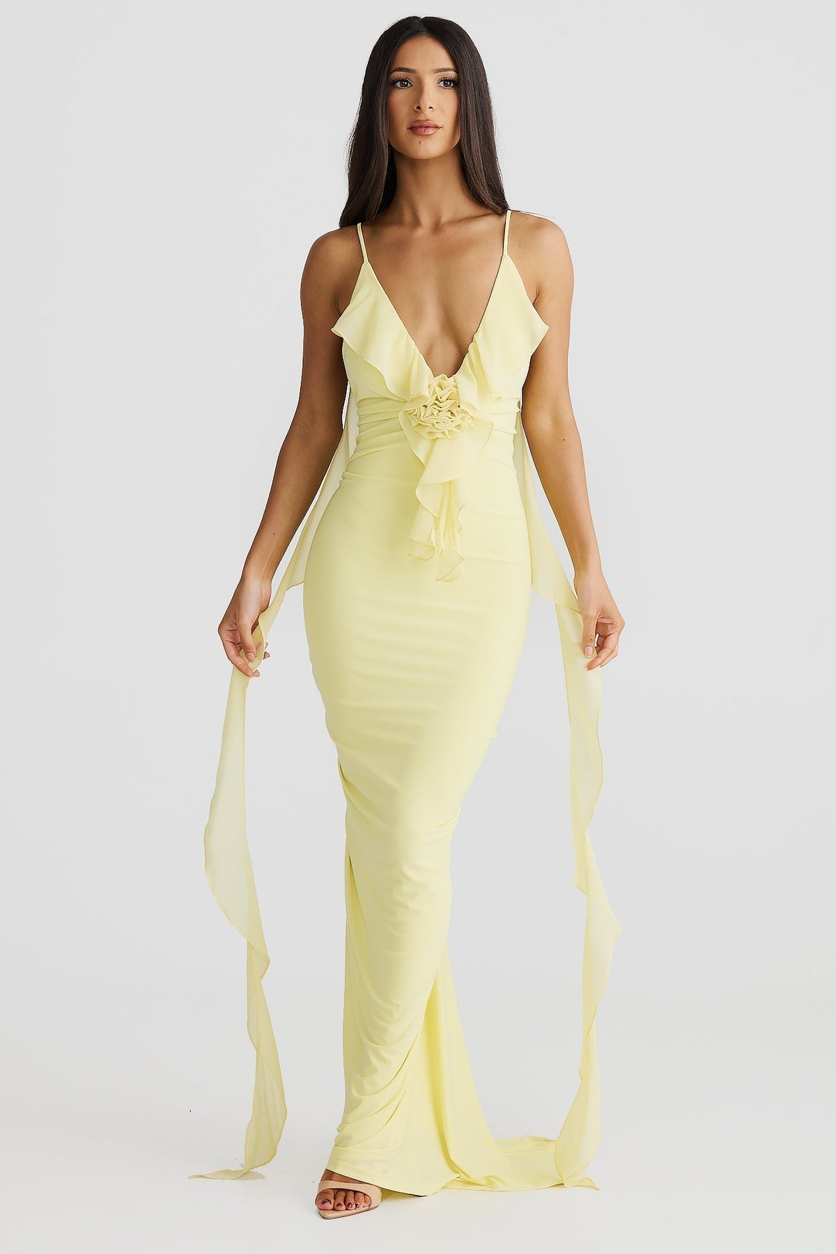 Deep V Ruffle Rosette Streamer Maxi Gown
