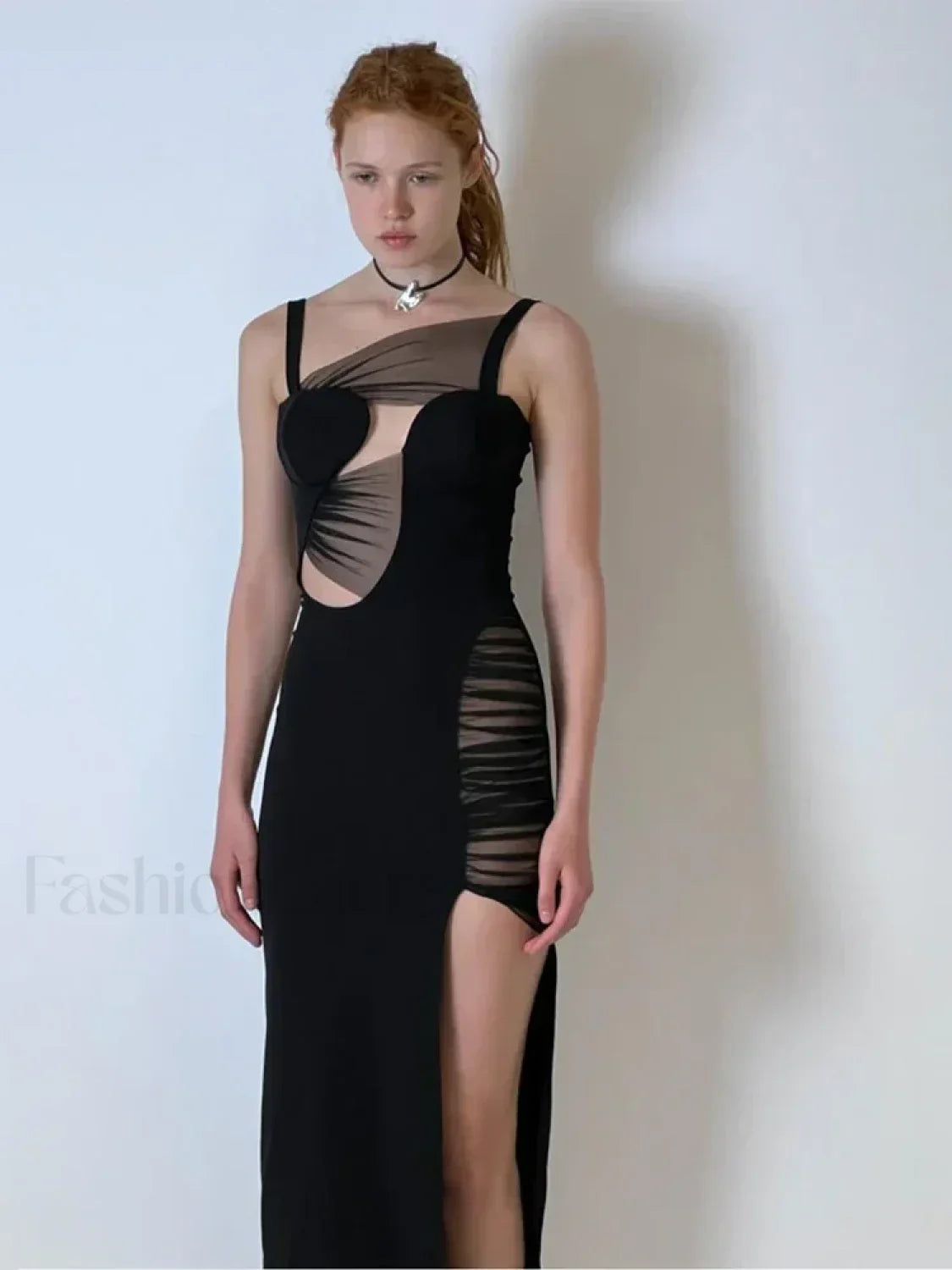 Black Mesh Hollow V-Neck Maxi Dress 3