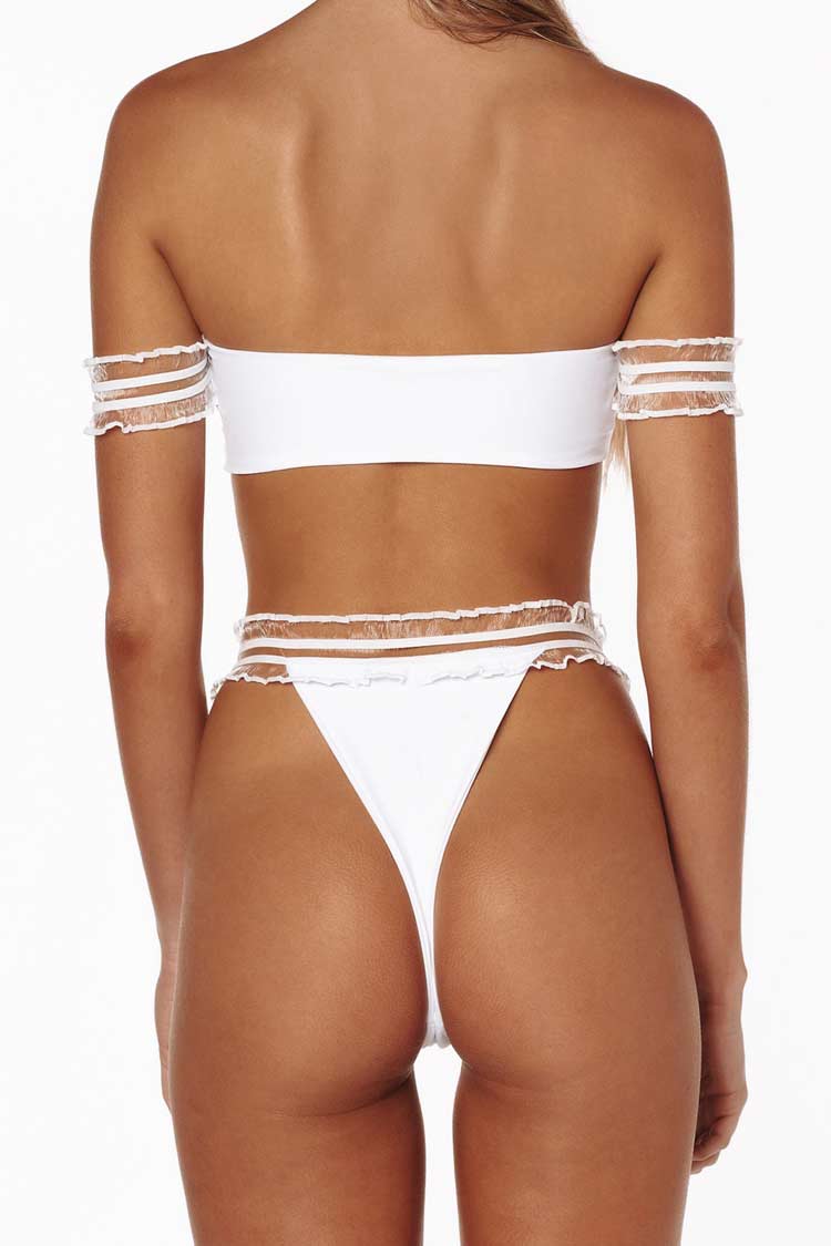 Mesh Sleeved Off The Shoulder Bikini Swimsuit - Two Piece Set