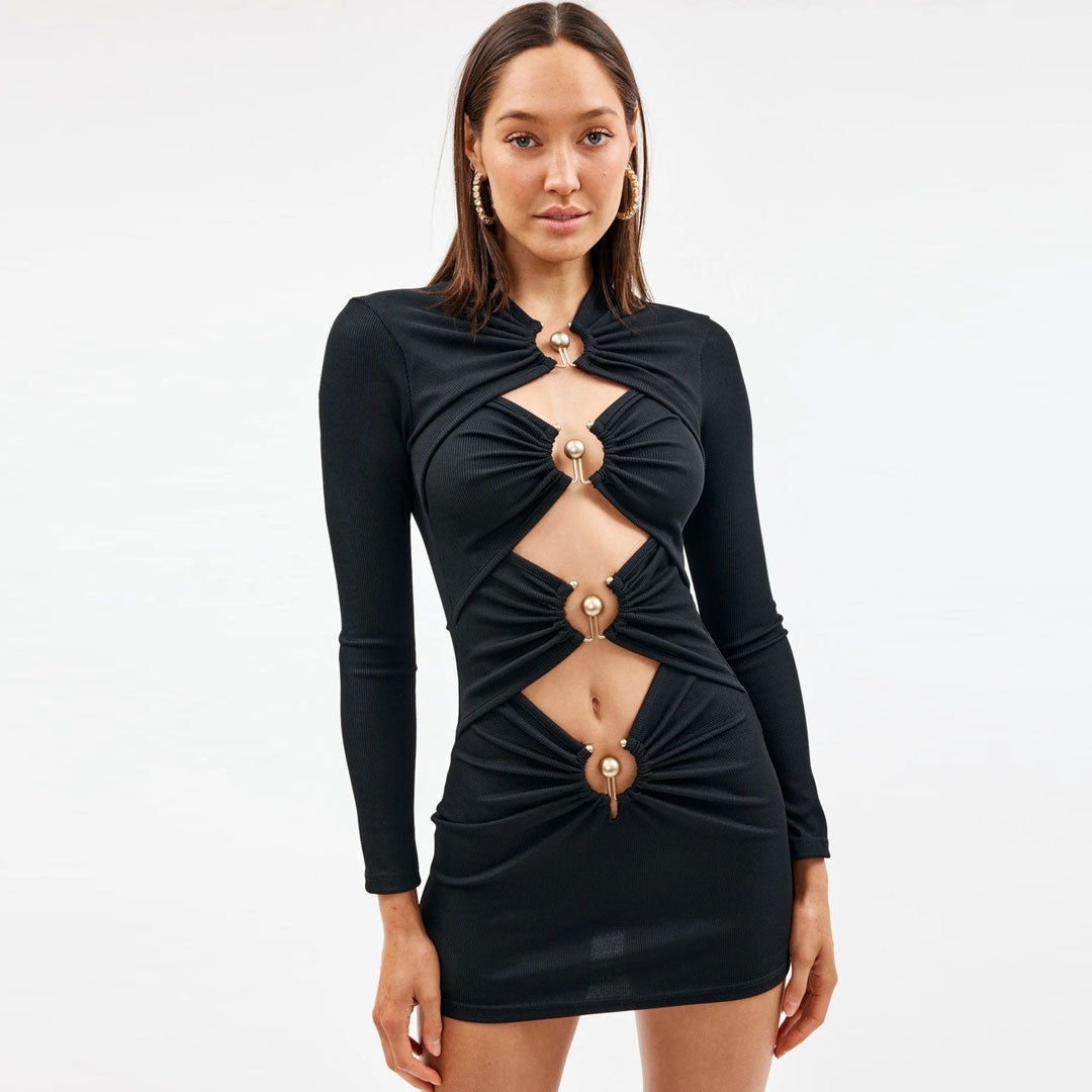 High Neck Ribbed Long Sleeve Cutout Ring Bead Hardware Bodycon Mini Dress