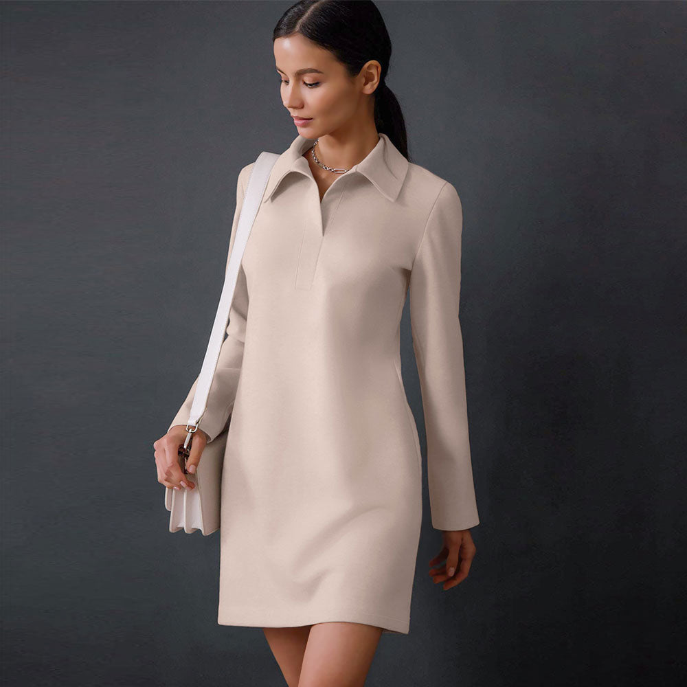 Long Sleeve Polo Collar V Neck A-Line Shift Mini Dress