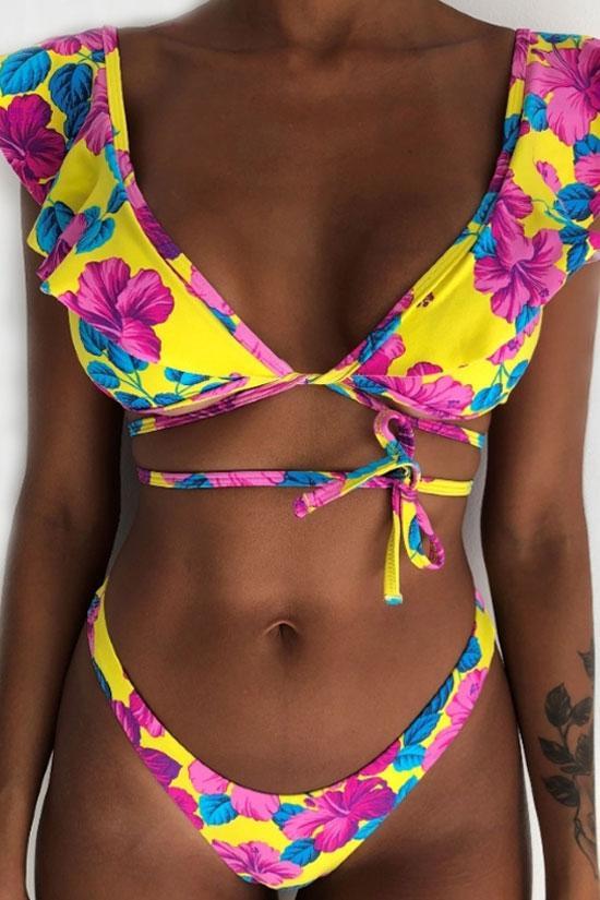 Multi Way Boho Floral Ruffle Neck Bikini Swimsuit - Two Piece Set