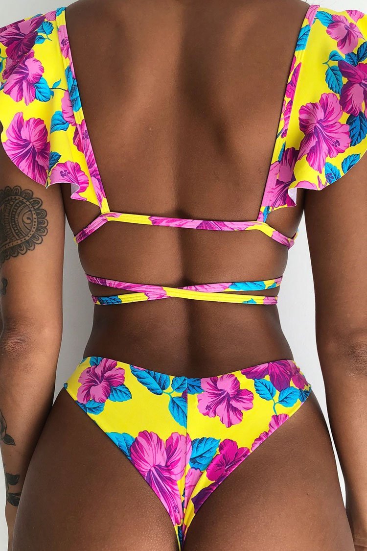 Multi Way Boho Floral Ruffle Neck Bikini Swimsuit - Two Piece Set