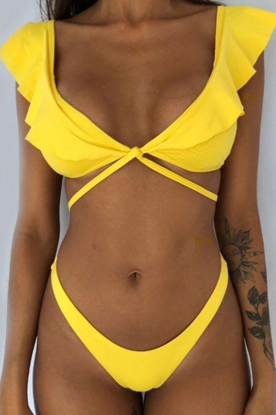 Multi Way Solid Brazilian Cut Ruffle Bikini Swimsuit - Two Piece Set