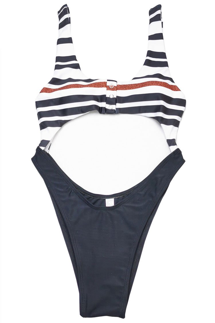 Nautical Stripe High Leg Cutout One Piece Swimsuit