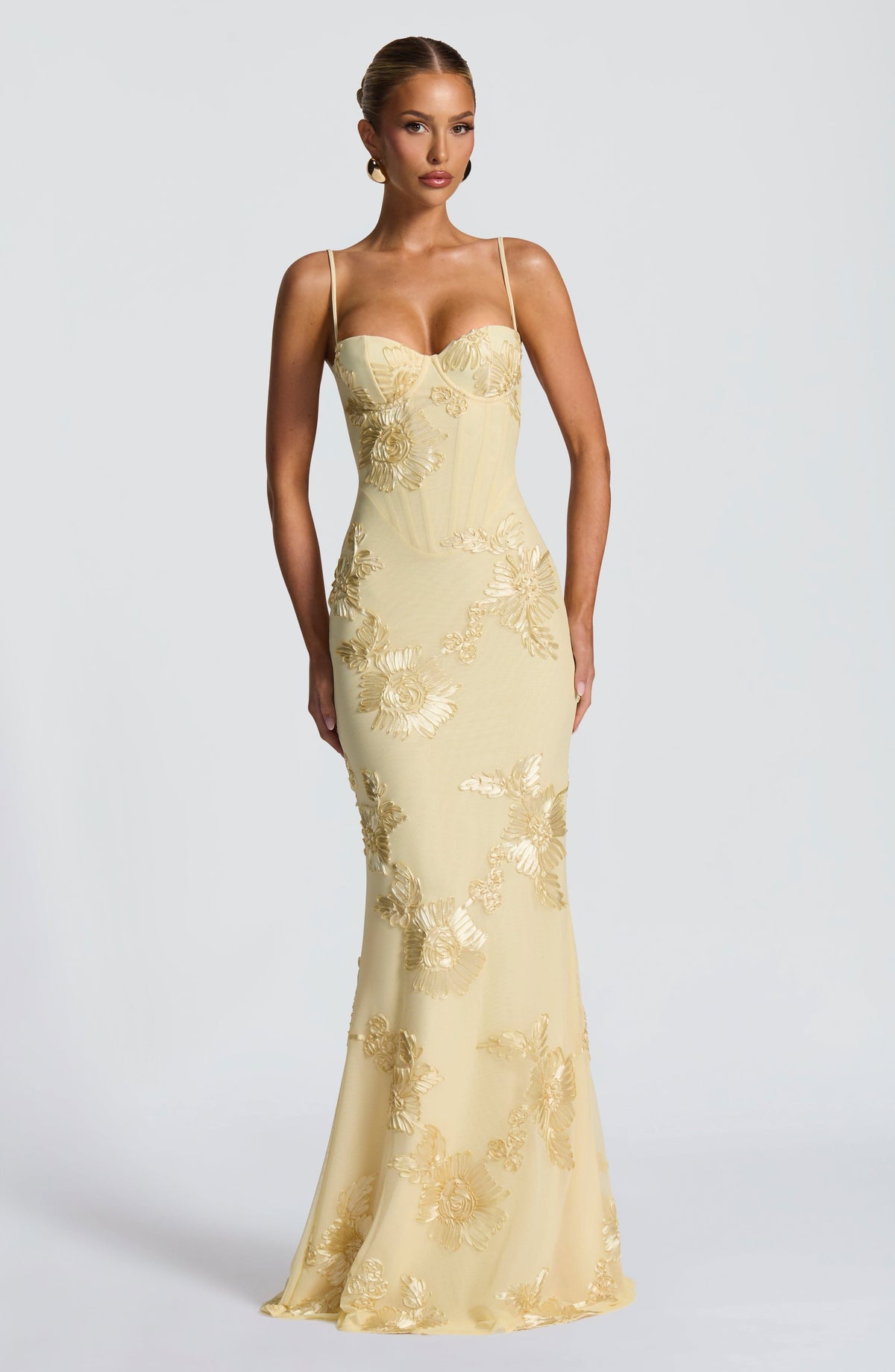 Sweetheart Corset Bodice Spaghetti Strap 3D Floral Embroidered Mesh Mermaid Maxi Gown 2