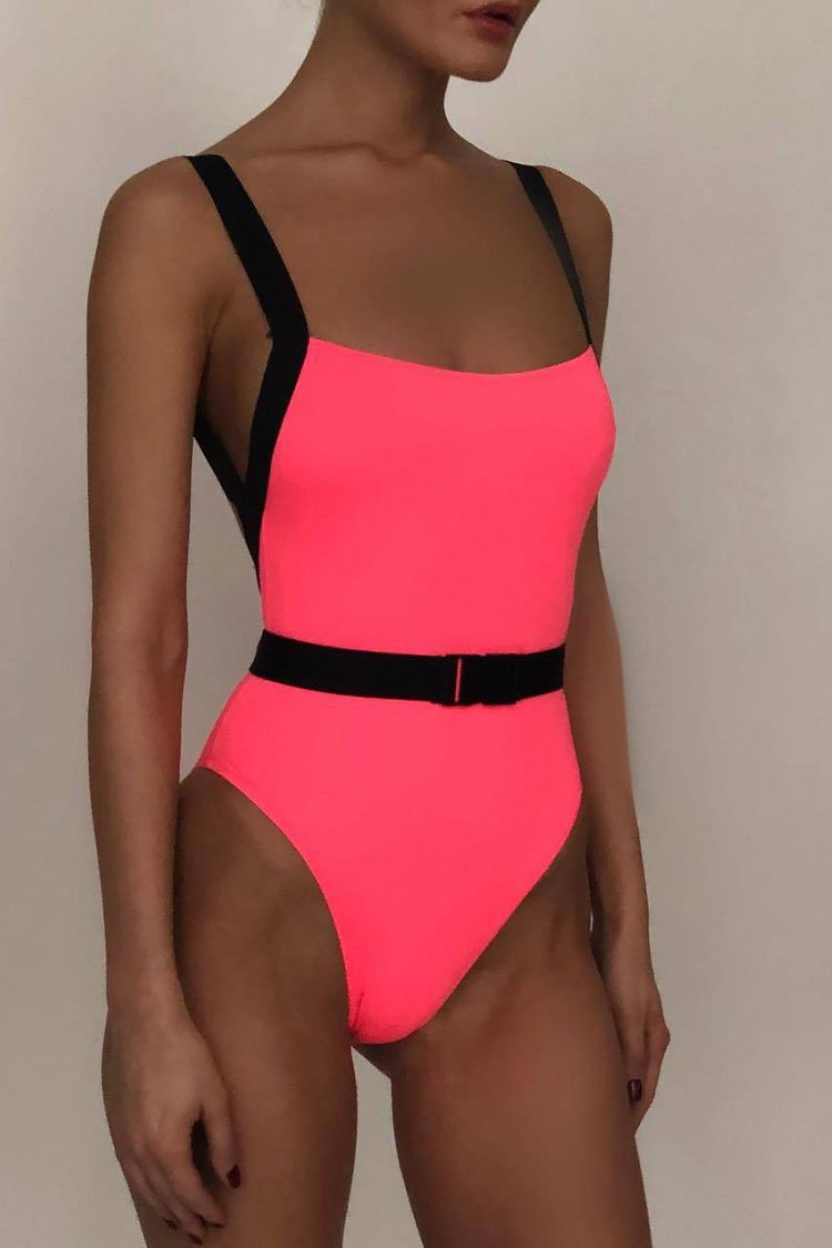 Neon Belted Low Back One Piece Swimsuit