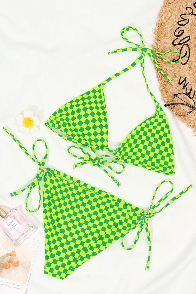 Neon Gingham Tie String Sliding Triangle Bikini Swimsuit - Two Piece Set