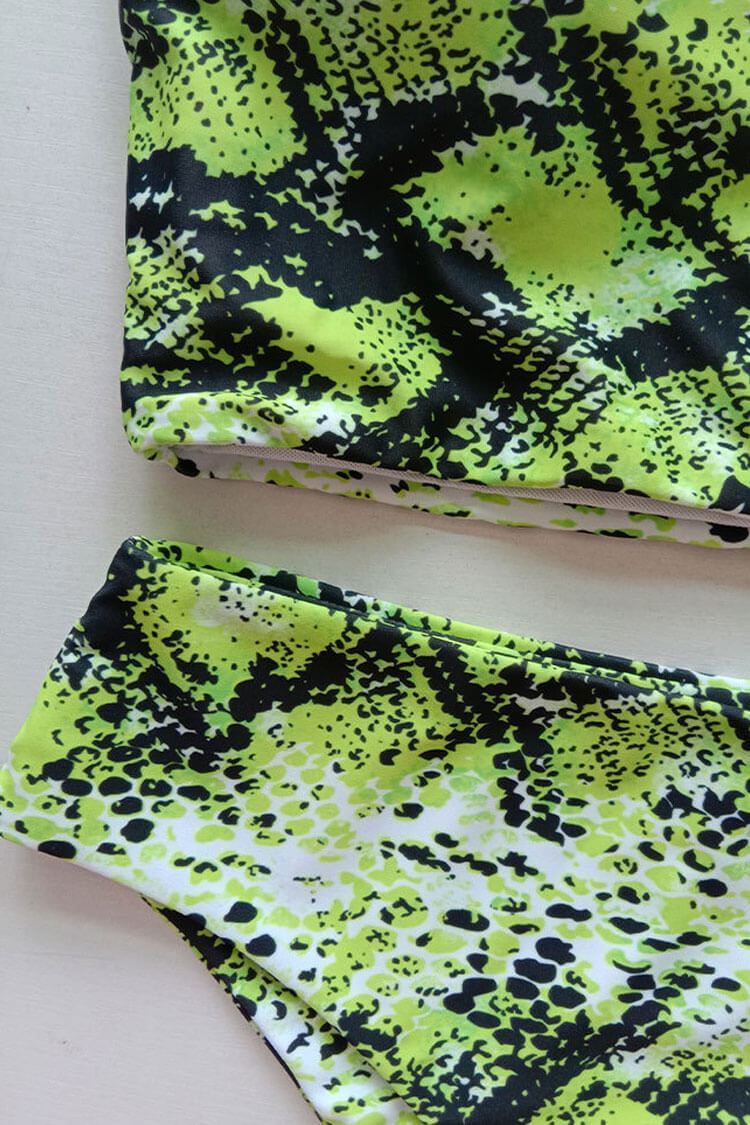 Neon High Leg High Waist Snake Bandeau Bikini Swimsuit - Two Piece Set