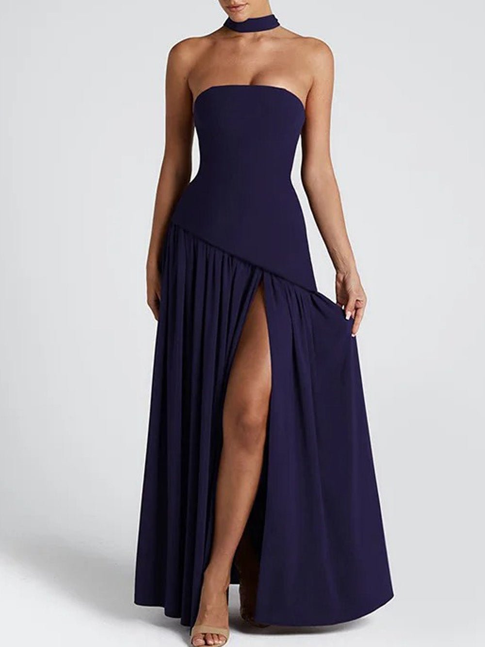 Strapless Choker Neck Asymmetric Dropped Waist Pleated High Slit Maxi Gown 4