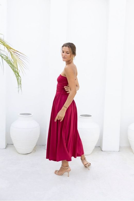 Chocolate Brown Strapless Ruched Dropped Waist Pleated Fit and Flare Midi Dress 15