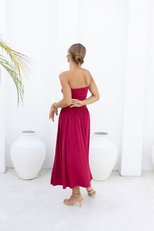 Chocolate Brown Strapless Ruched Dropped Waist Pleated Fit and Flare Midi Dress 8