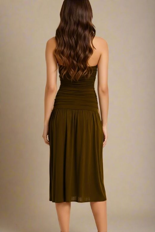 Chocolate Brown Strapless Ruched Dropped Waist Pleated Fit and Flare Midi Dress 6