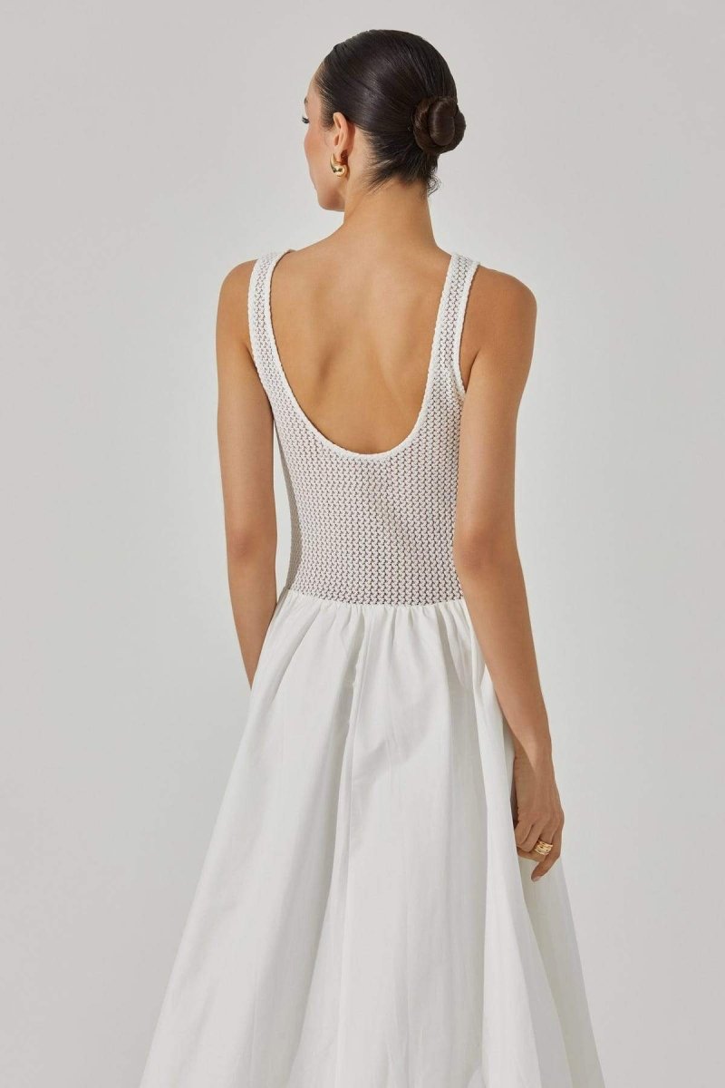 Knit Crochet Bodice Gathered Skirt Scoop Neck Sleeveless Midi Dress 3