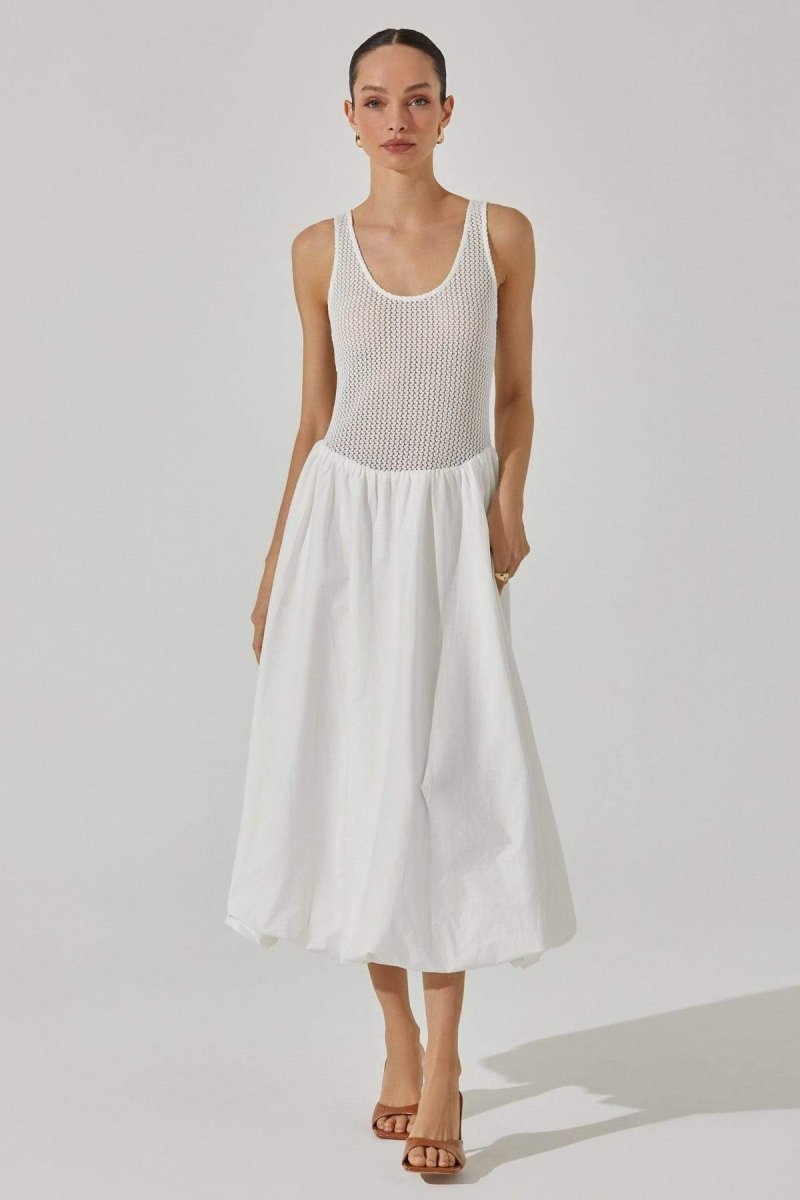 Knit Crochet Bodice Gathered Skirt Scoop Neck Sleeveless Midi Dress 2