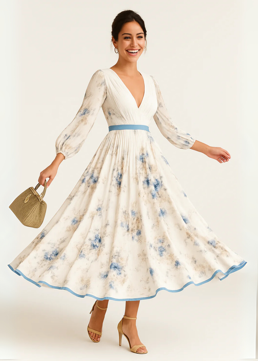 Deep V Long Sleeve Ribbon Belt Accordion Pleat Floral Maxi Dress 3