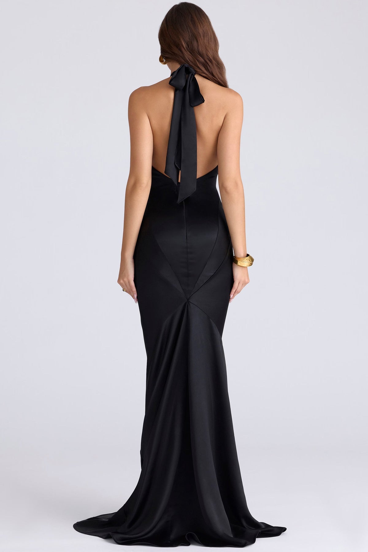 Halter Keyhole Cutout Chevron Seam Satin Mermaid Maxi Gown 2