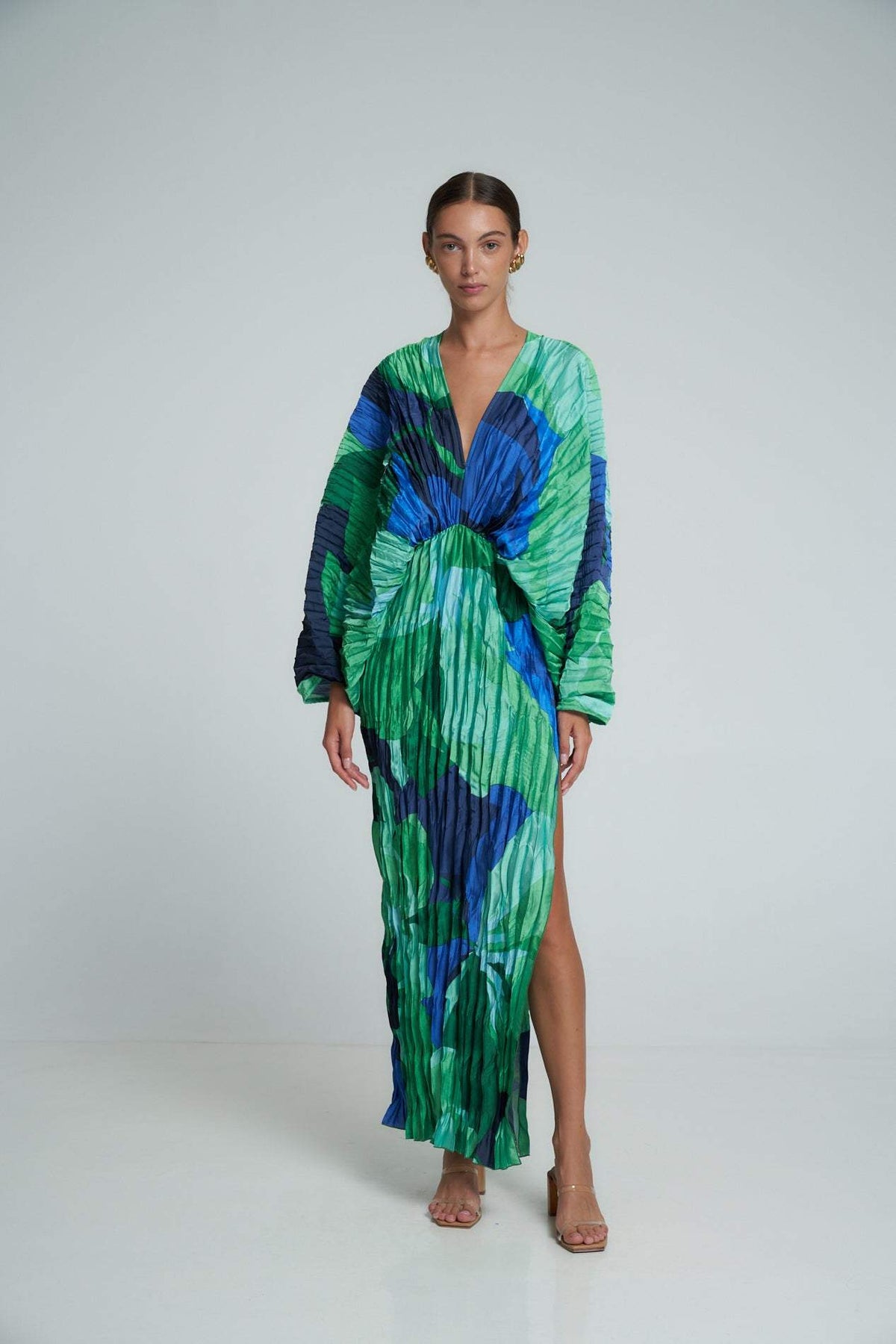 Abstract Print Plisse Balloon Sleeve Deep V-Neck Maxi Dress